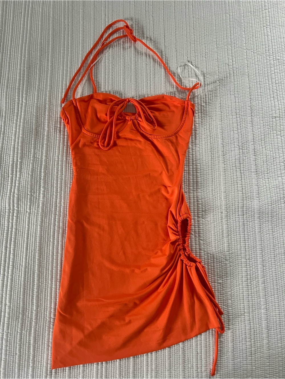 Strappy Orange Halter Mini Dress with Front Tie - Picture 5 of 7
